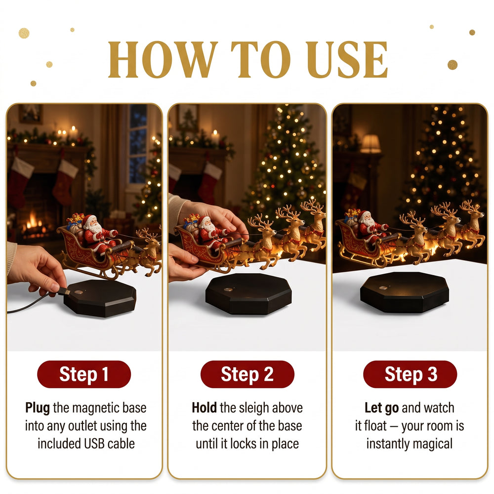 Magnetic floating Christmas sleigh with warm light